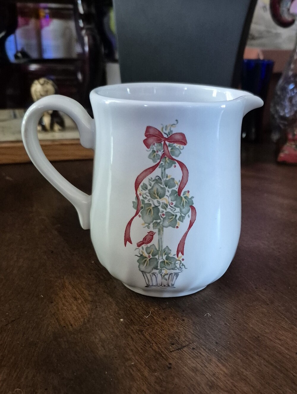 Corelle White Holiday Creamer with Red Ribbon and Green Topiary